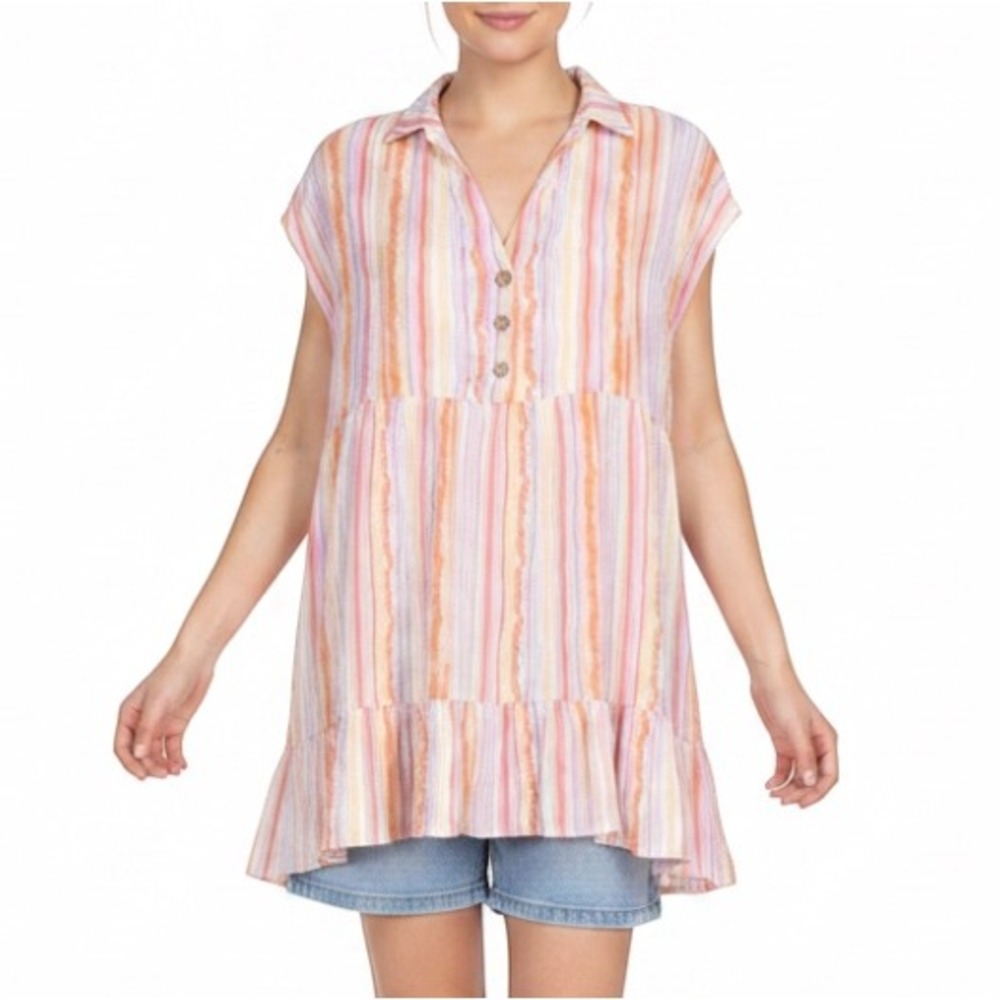 KARLIE Lined CREPE Button PASTEL STRIPES Sleeveless RUFFLE HEM Tunic Top/Dress S